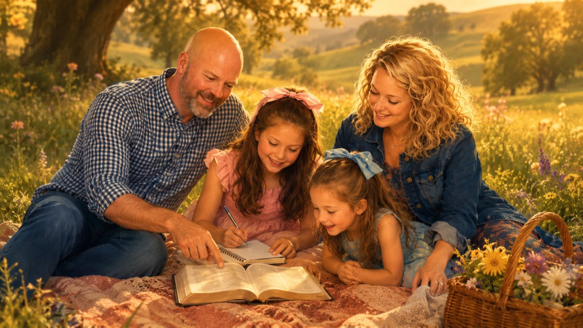 A family reading the Bible together outdoors on a summer afternoon